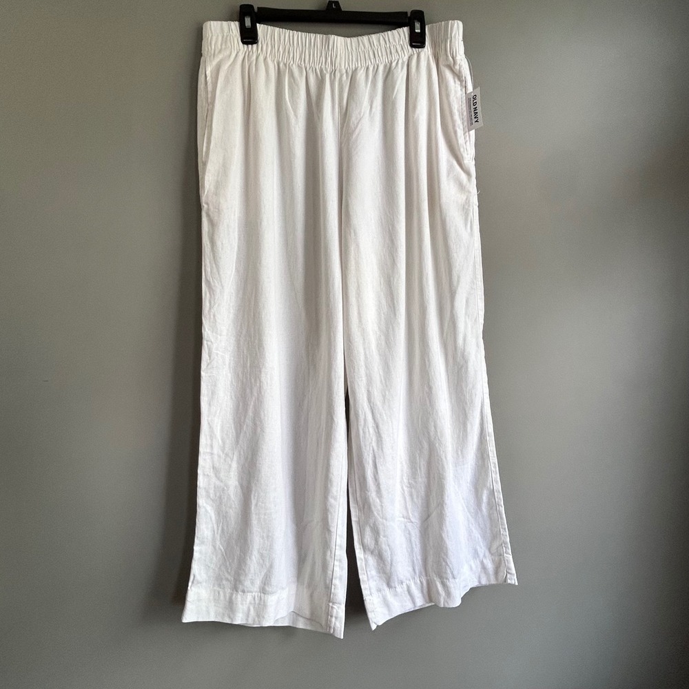 Old Navy Super Wide Leg Linen Blend Pants White Petite Large Comfort Waistband